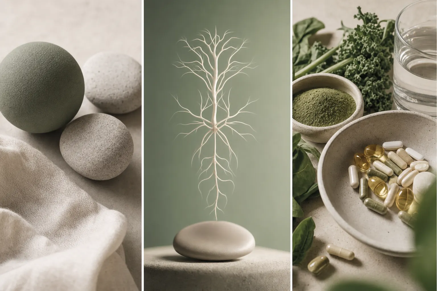 Smooth sage and stone forms on soft linen, a pale nerve-tree sculpture on sage, and a ceramic bowl of botanical supplements