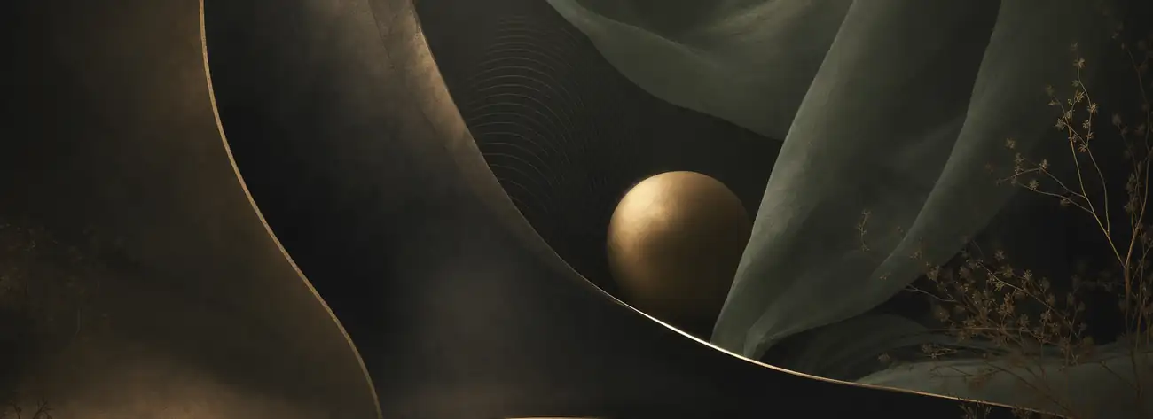 Dark bronze and sage sanctuary with a golden sphere