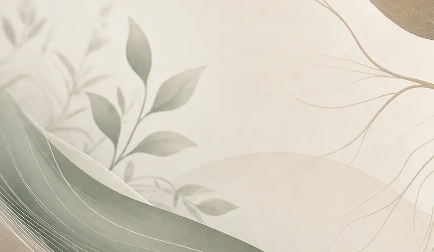 Soft sage and sand waves with a leaf, calm nervous system imagery