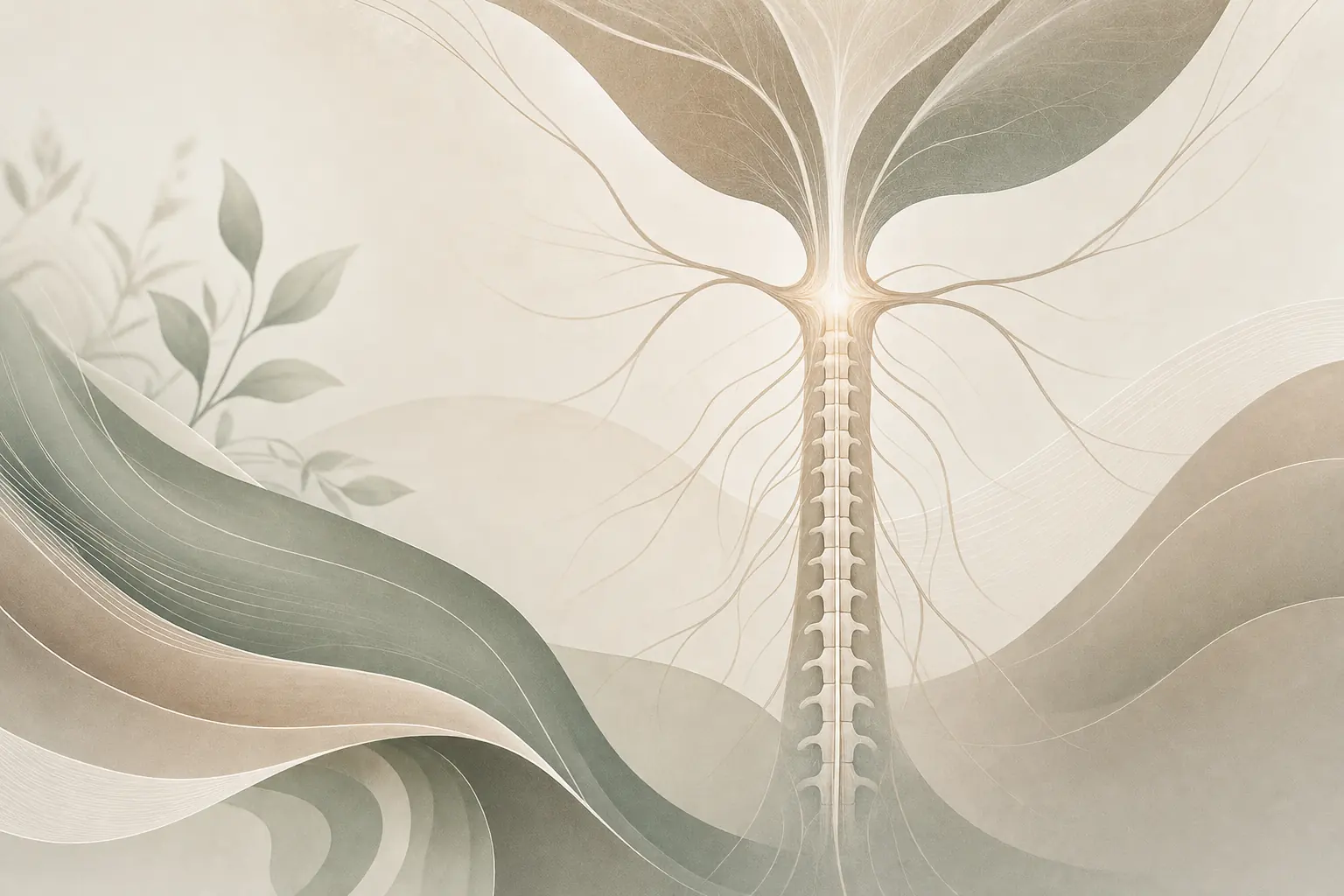 Spine and branching nerves rising like a tree among sage and sand waves